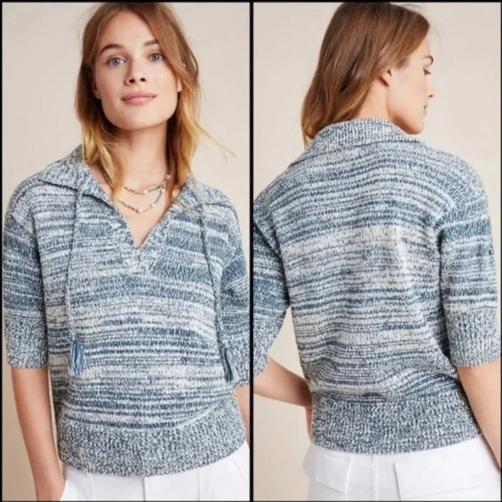 Anthropologie Carlotta Collared Marled Cotton Knit Sweater Blue Cream Size XS